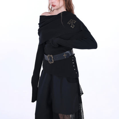 Off Shoulder Layered Knit Top with Studded Cross