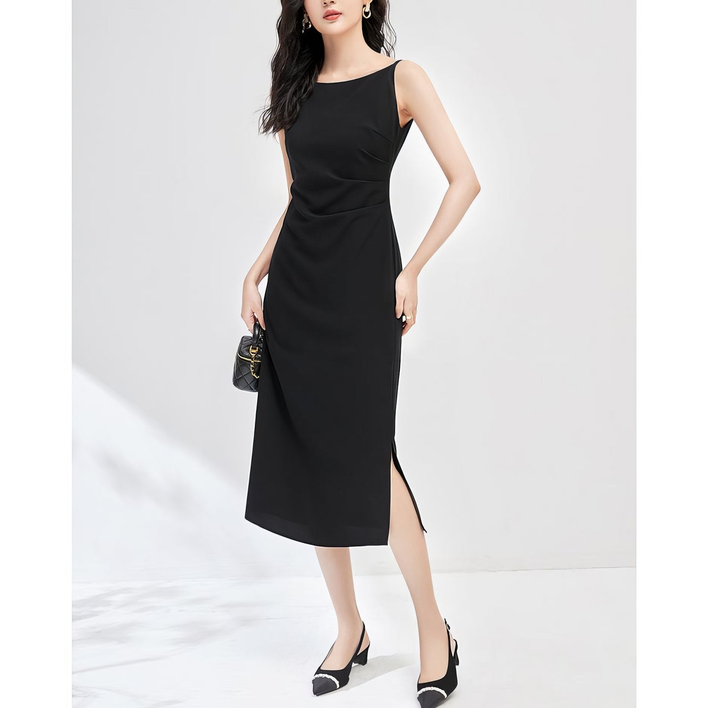 Side Slit Sleek Black Midi Dress