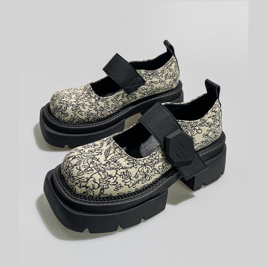 Apricot Floral Jacquard Platform Mary Janes