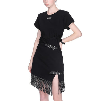 Buckle Strap Asymmetrical Fringe Dress