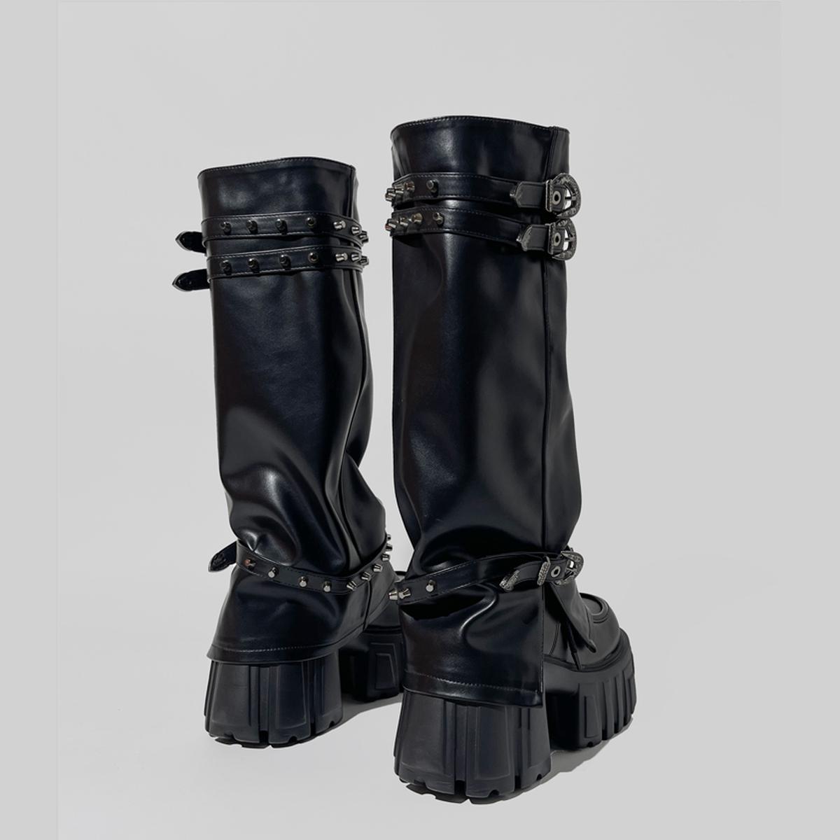 Black Buckled Platform Slouch Boots