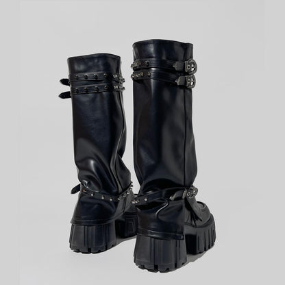 Black Buckled Platform Slouch Boots