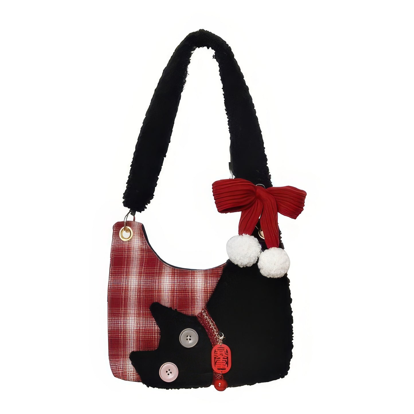 Plaid Fleece Cat Accent Mini Shoulder Bag