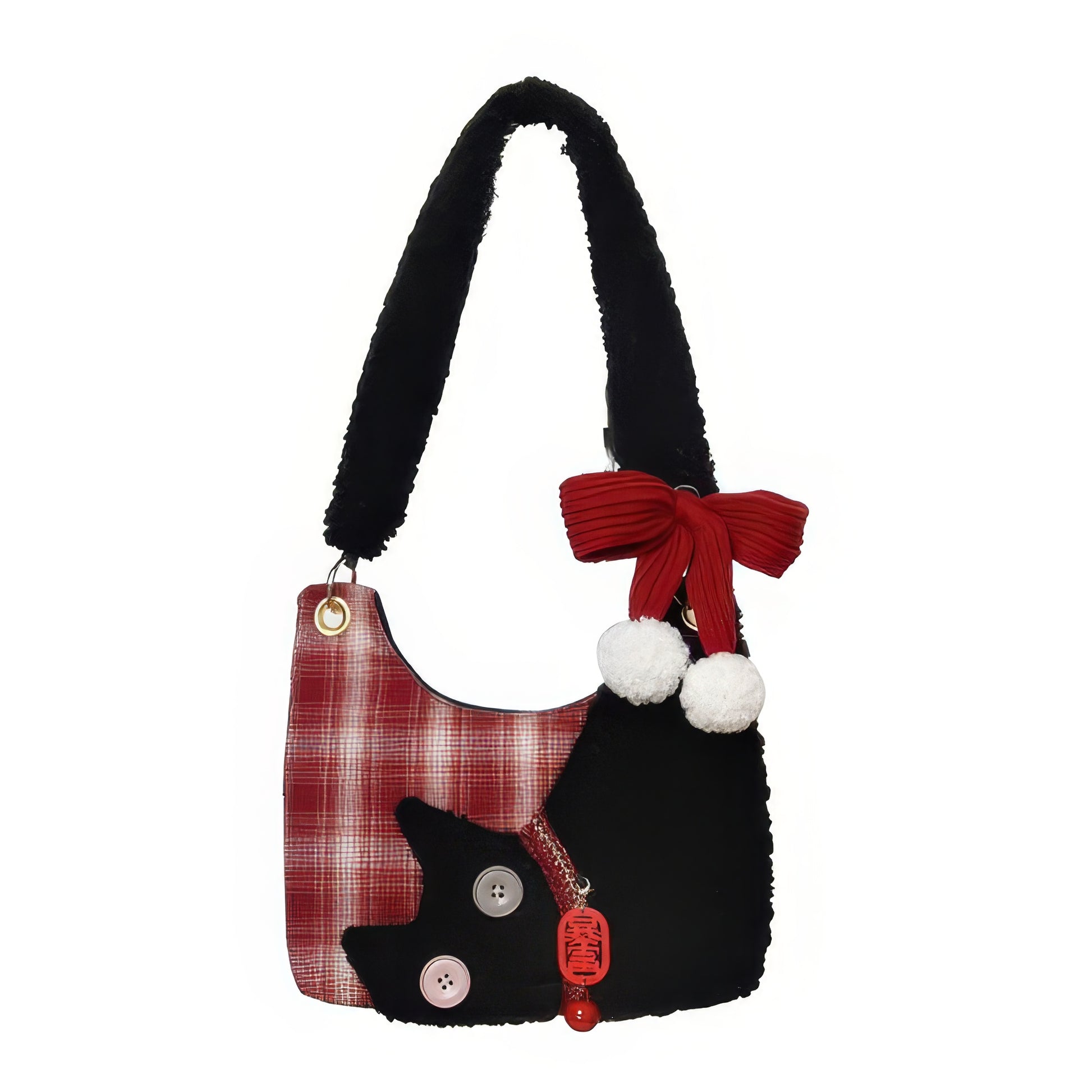 Plaid Fleece Cat Accent Mini Shoulder Bag
