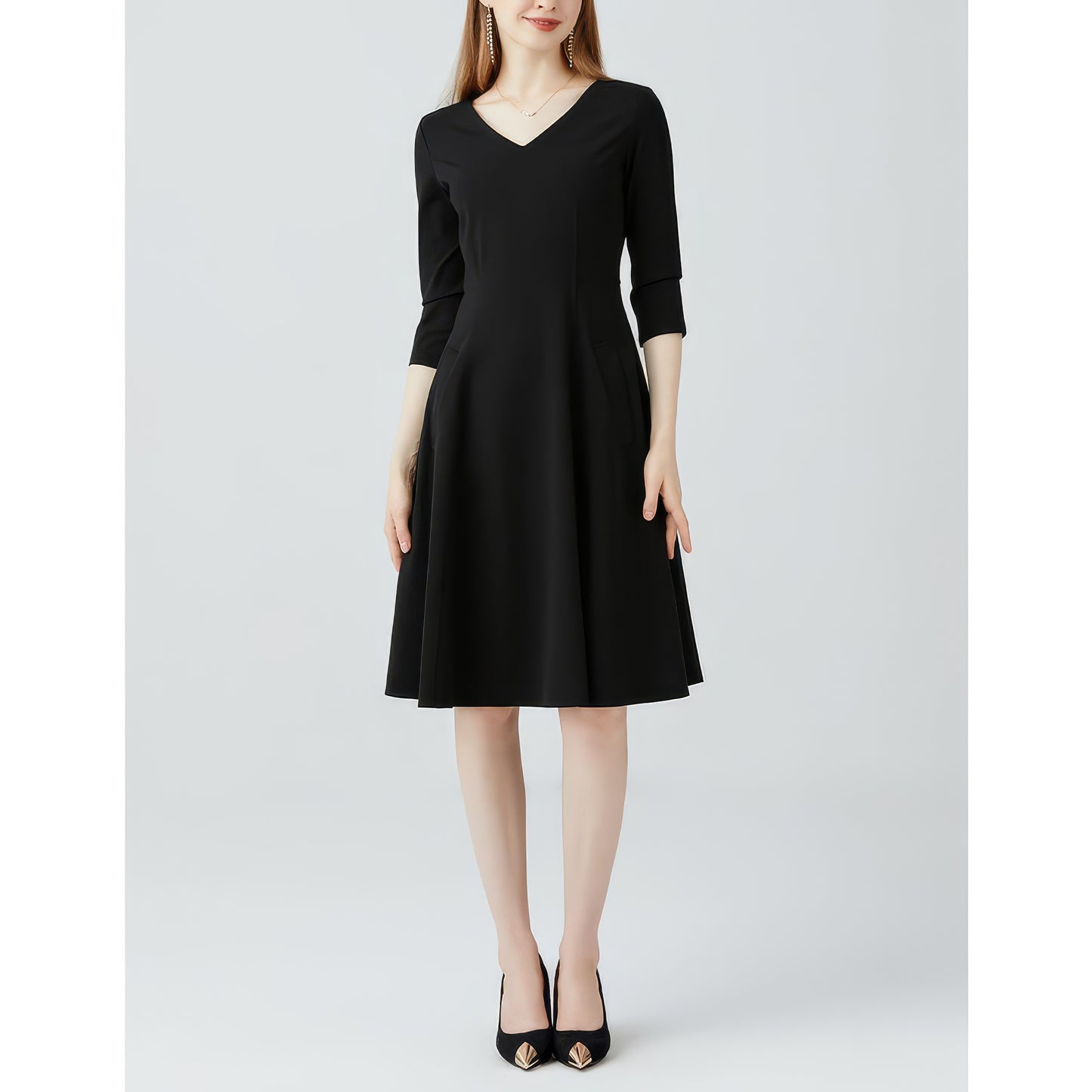 V-Neck Three-Quarter Sleeve Black Midi Dress