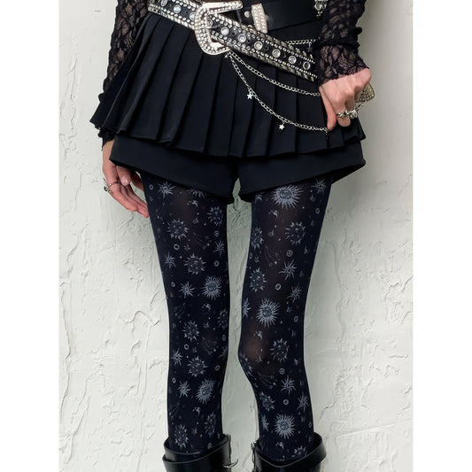 Celestial Print Stretchy Black Tights