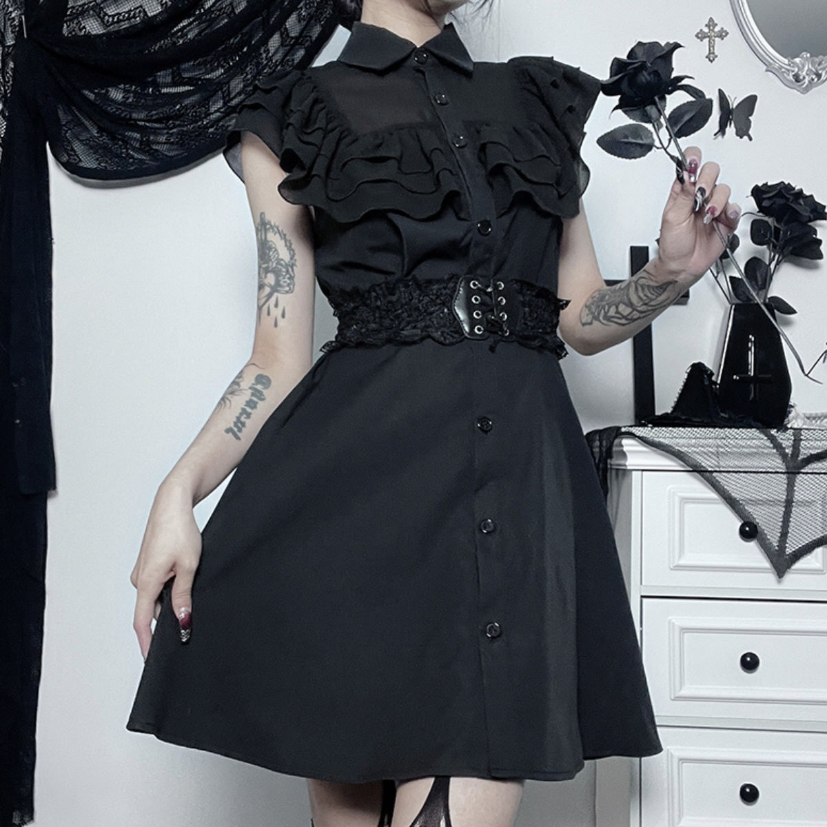 Black Ruffled Collar Dress