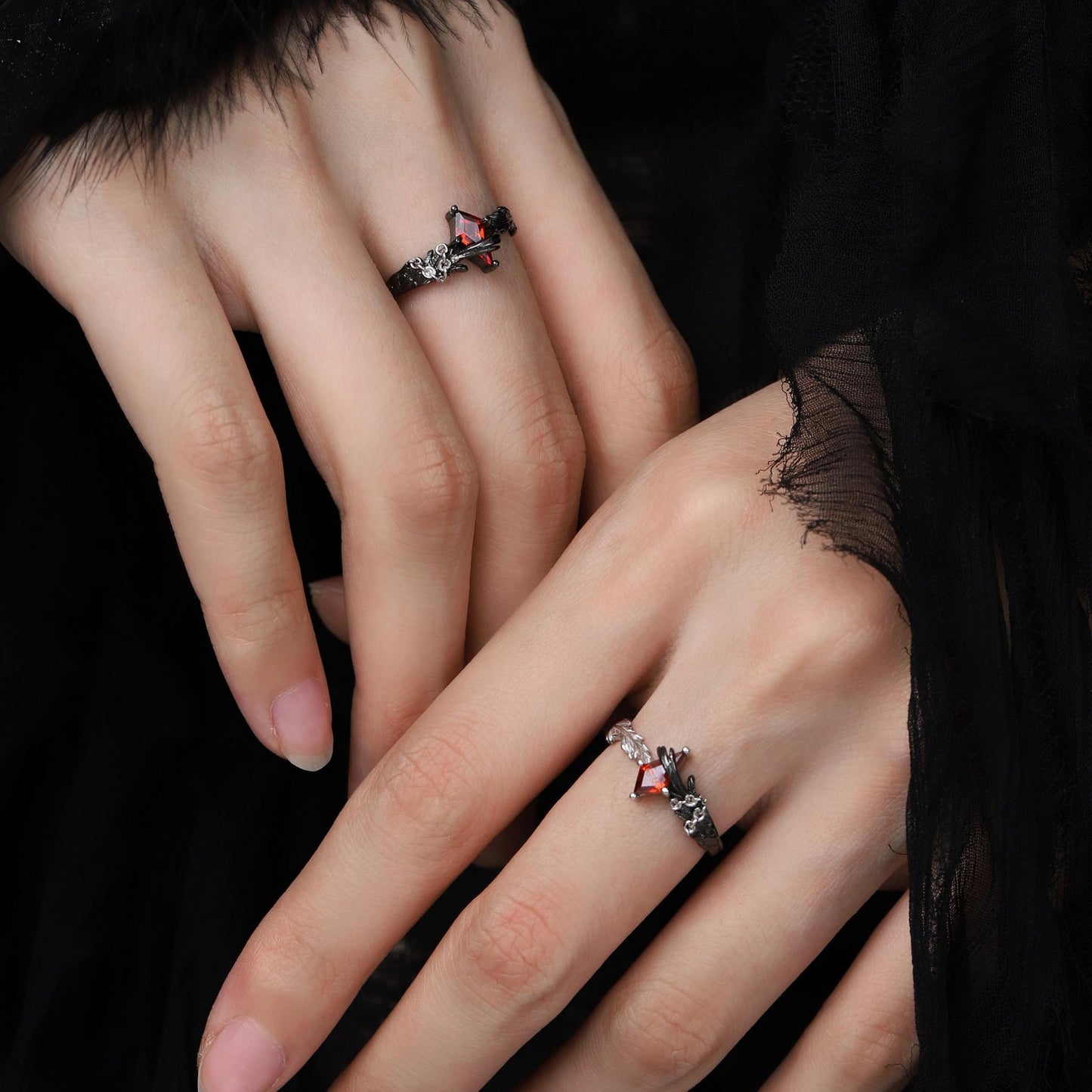 Feather Chain Open Ring with Crystal Gem