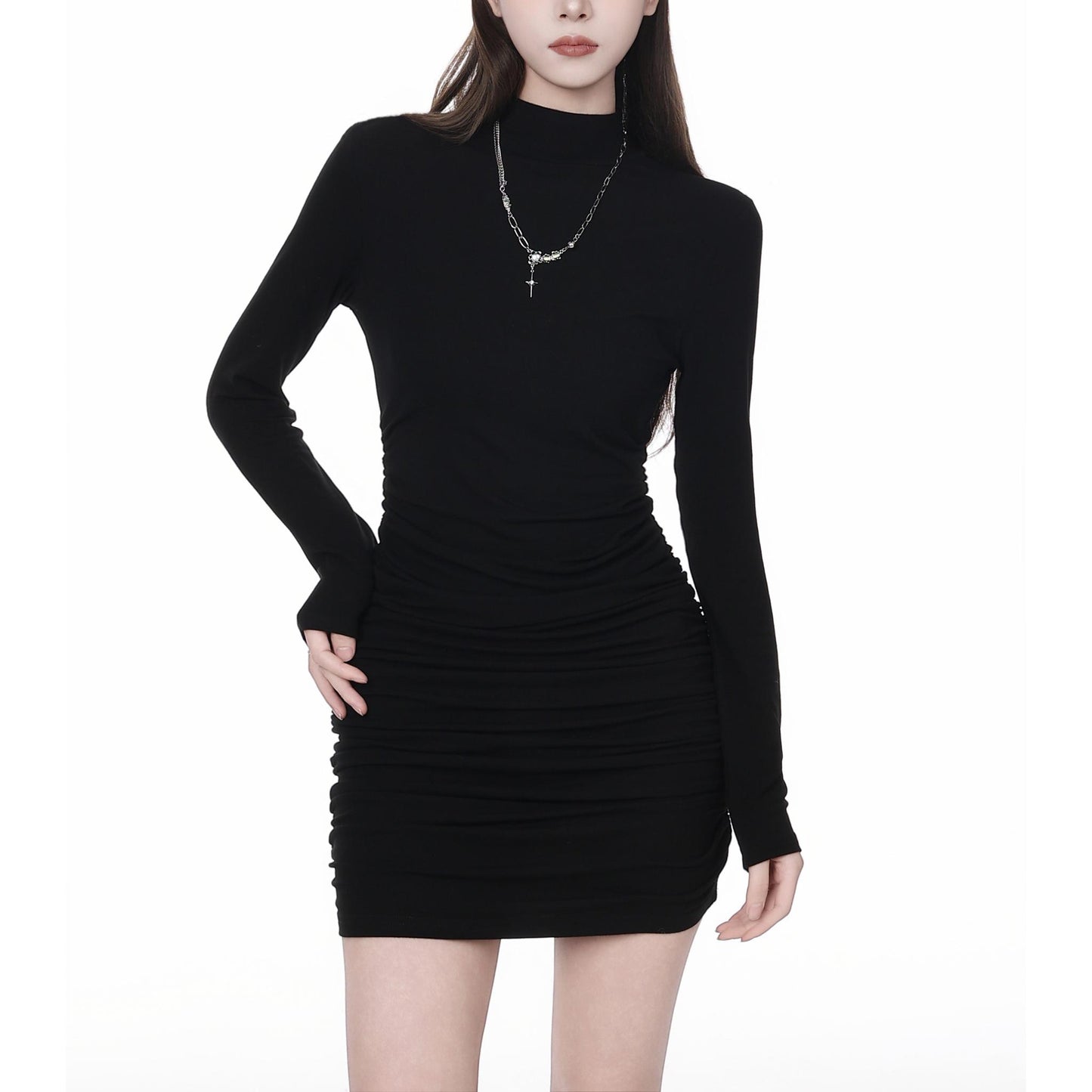 High Neck Ruched Bodycon Mini Dress
