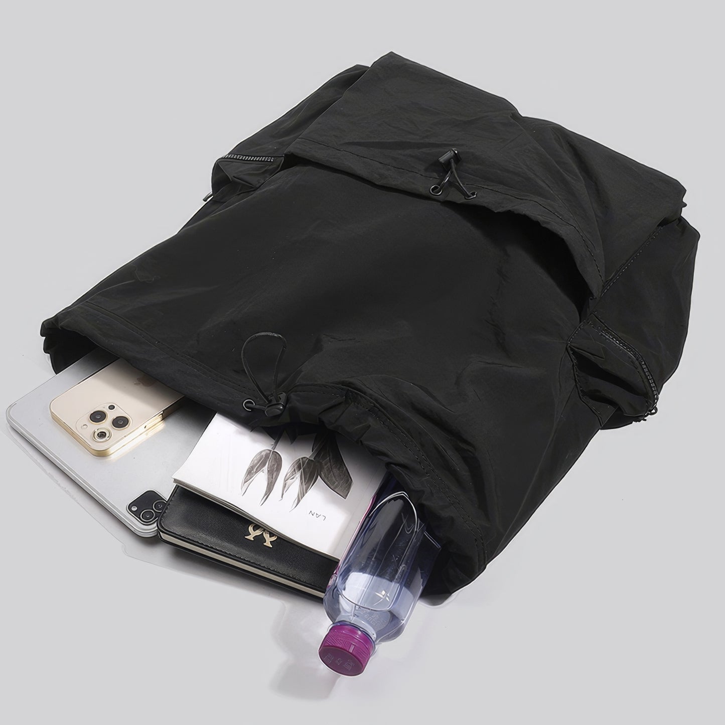Drawstring Zip Pocket Black Backpack