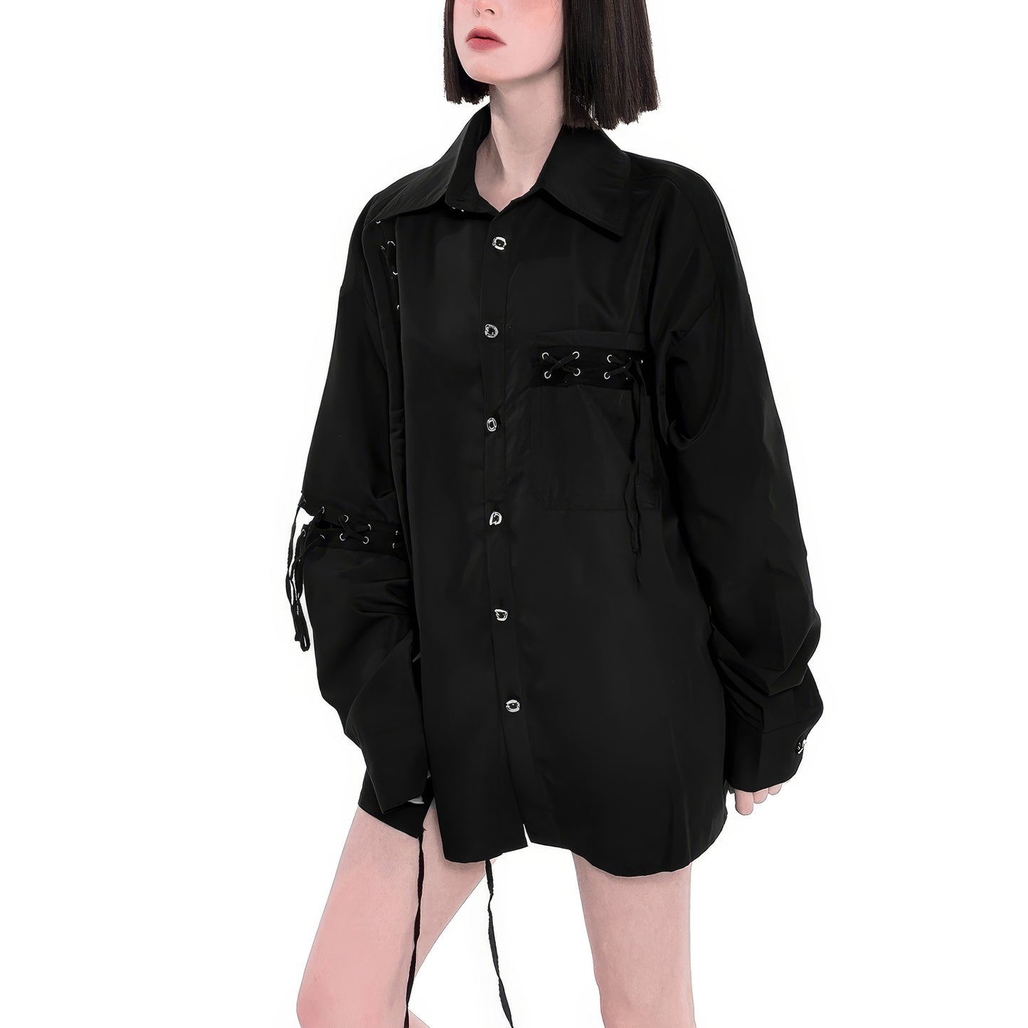Eyelet Lace-Up Oversized Shirt