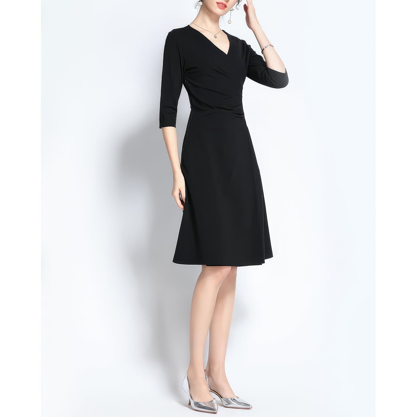 Draped Waist V-Neck Black Dress