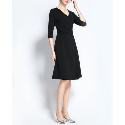 Draped Waist V-Neck Black Dress