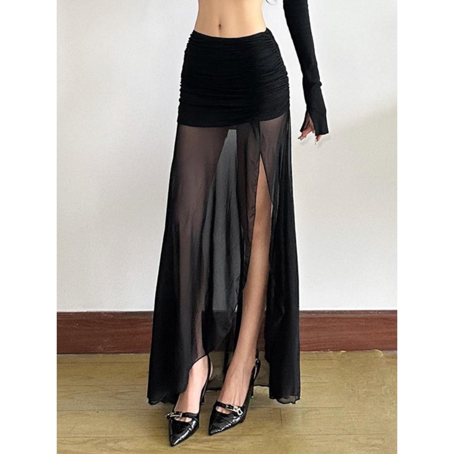 Sheer Ruched Slit Maxi Skirt