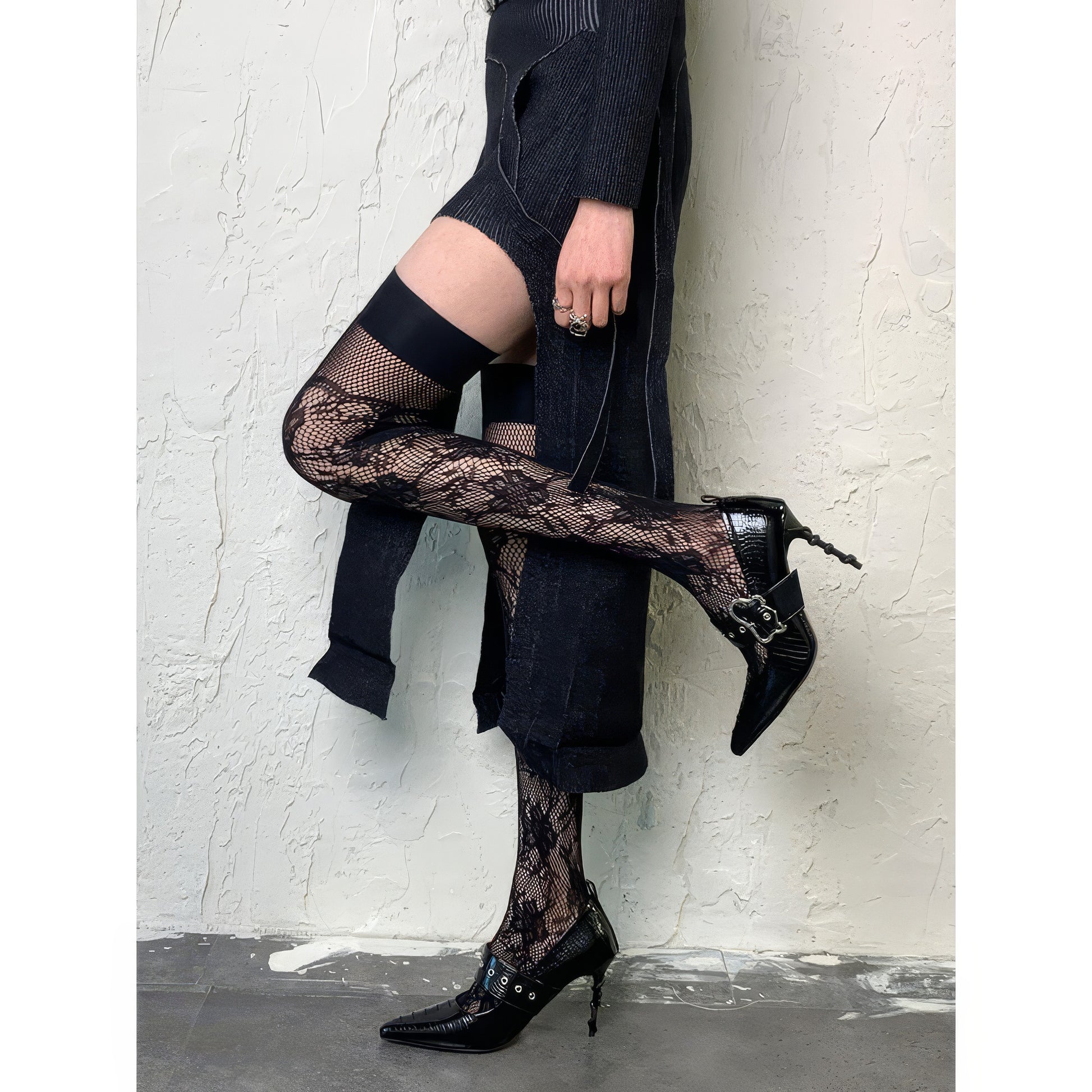 Floral Lace Mesh Hold-Up Stockings