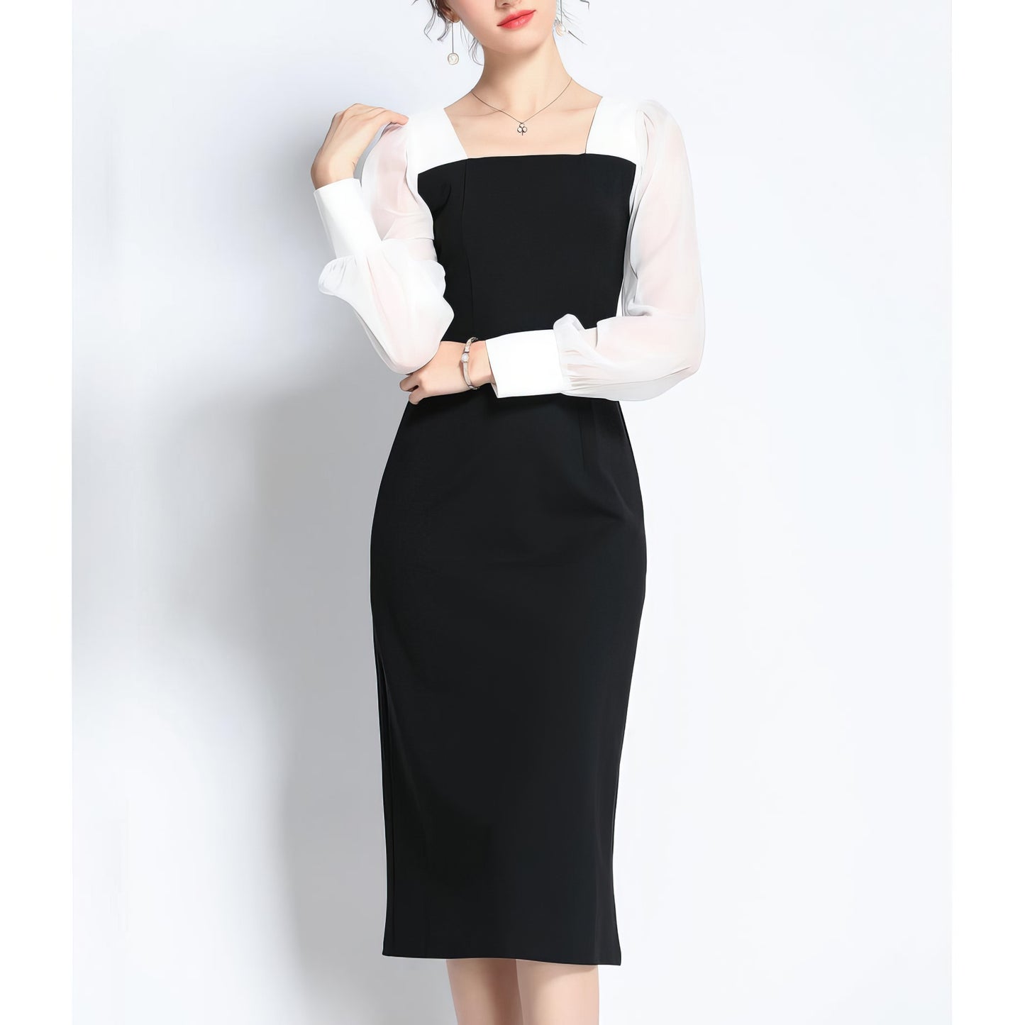 Contrast Chiffon Sleeve Square Neck Dress