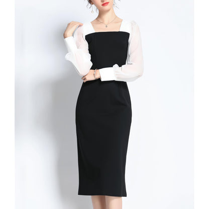Contrast Chiffon Sleeve Square Neck Dress