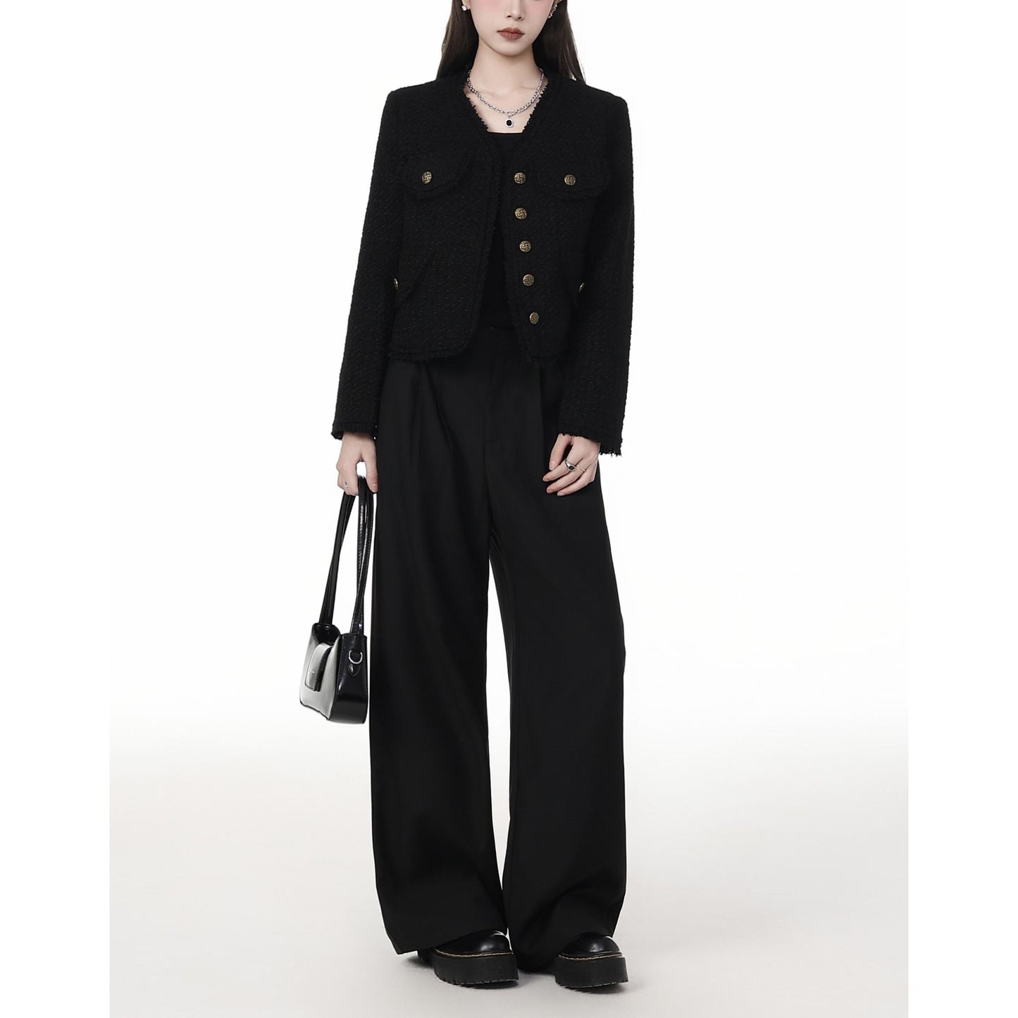 Textured Button-Up Tweed Cropped Jacket