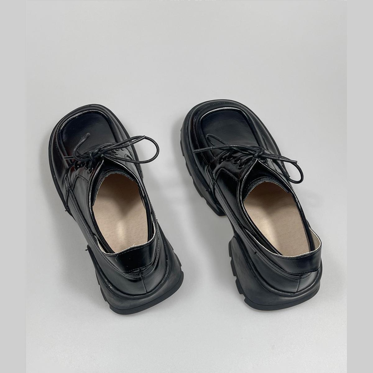 Black Glossy Chunky Heel Derby Shoes
