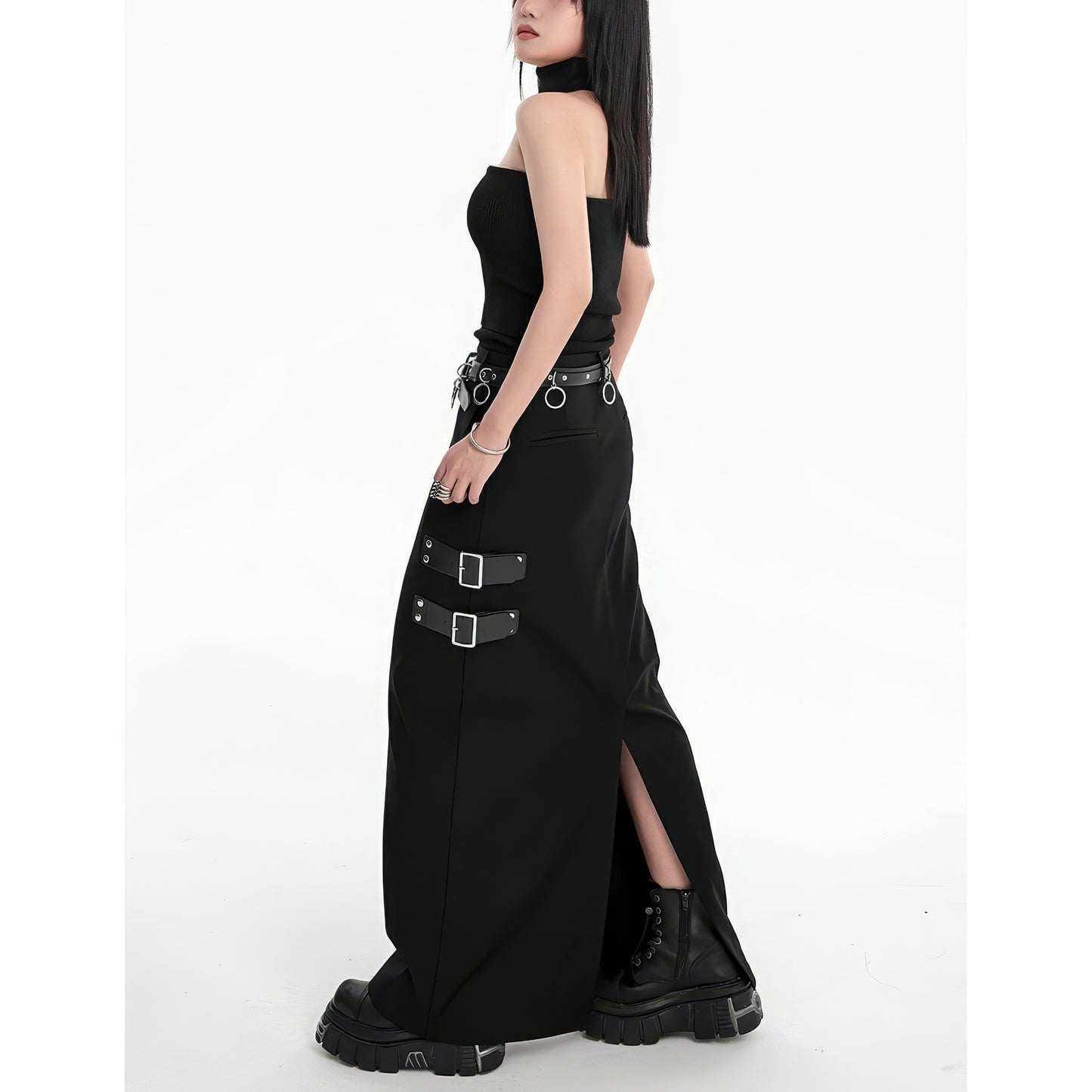 Buckle Strap Side Slit Maxi Skirt