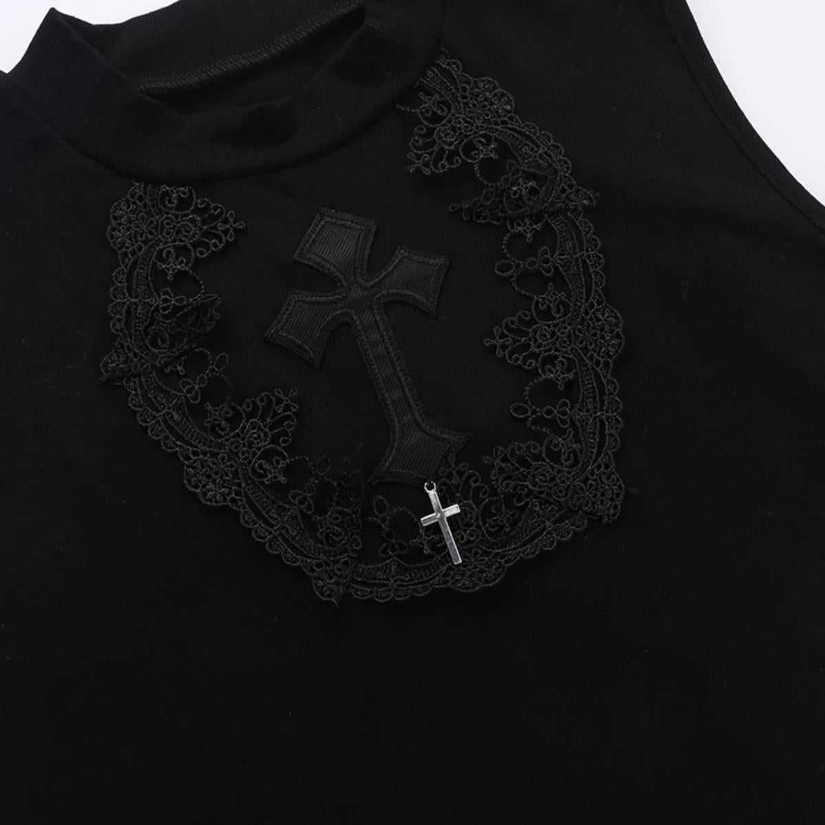 Sheer Cross Appliqué Sleeveless Top