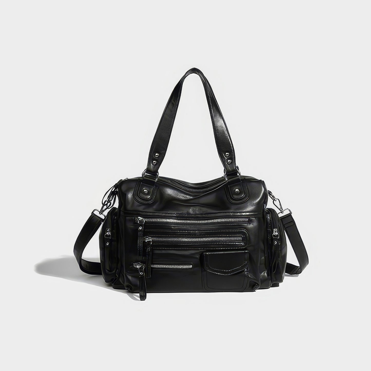 Multi-Zip Faux Leather Double Strap Shoulder Bag