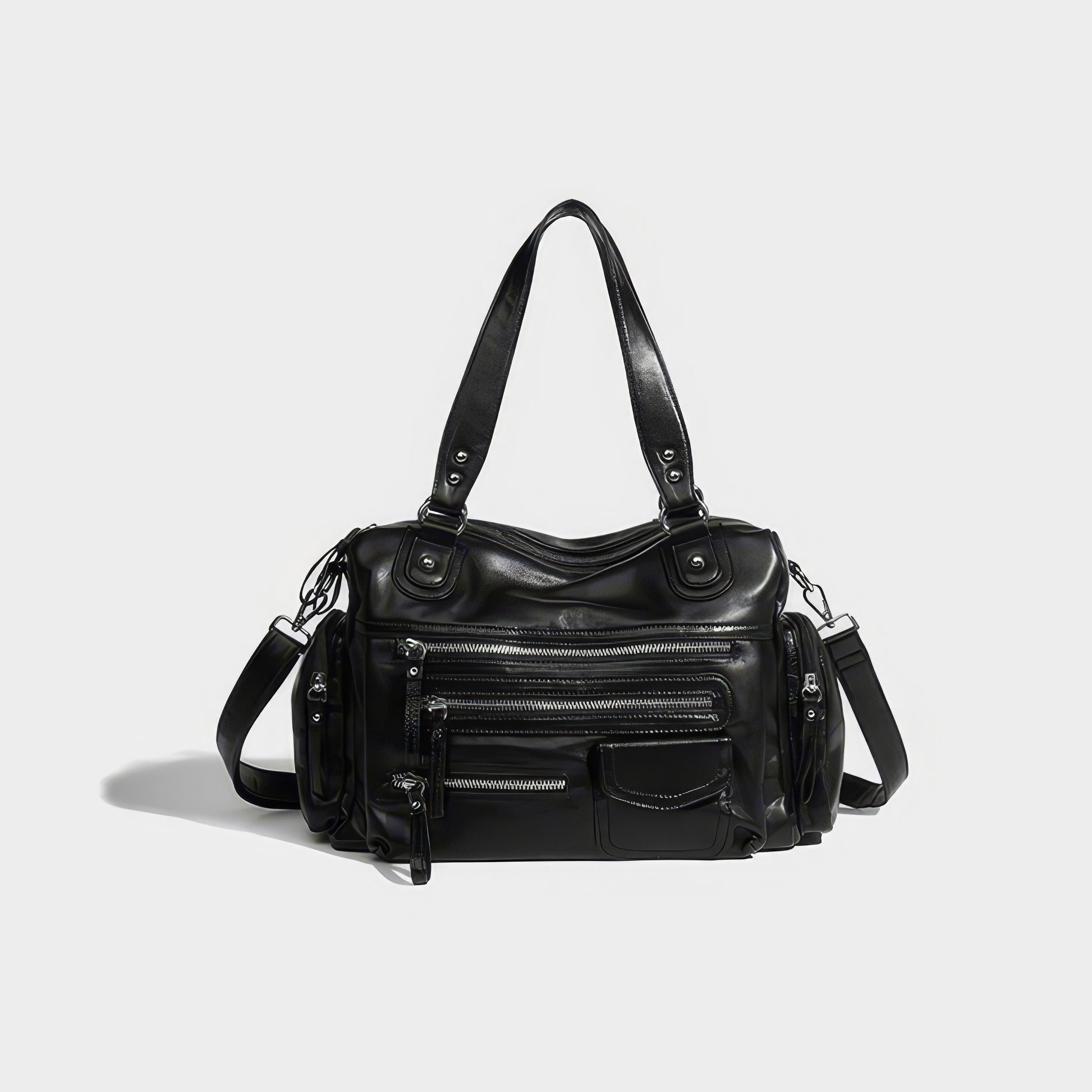 Multi-Zip Faux Leather Double Strap Shoulder Bag
