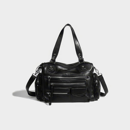 Multi-Zip Faux Leather Double Strap Shoulder Bag