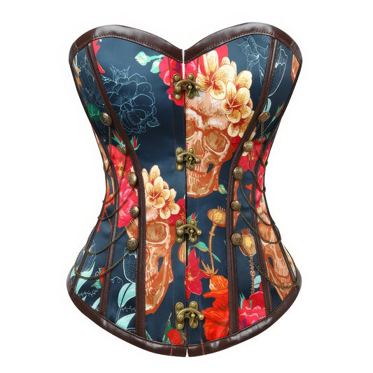 Floral Skull Print Buckle Corset Top