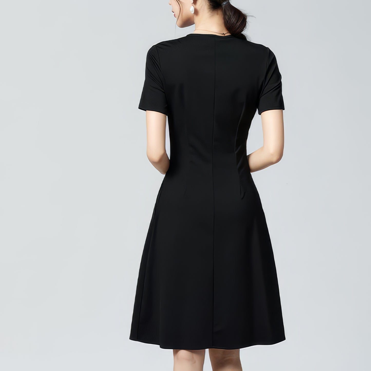 Ruched Waist V-Neck Black Dress
