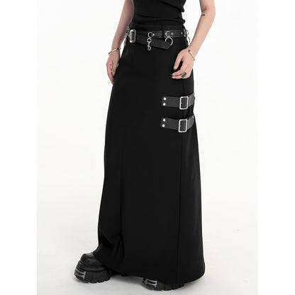 Buckle Strap Side Slit Maxi Skirt