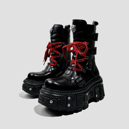 Black Buckle Strap Platform Combat Boots with Red Laces