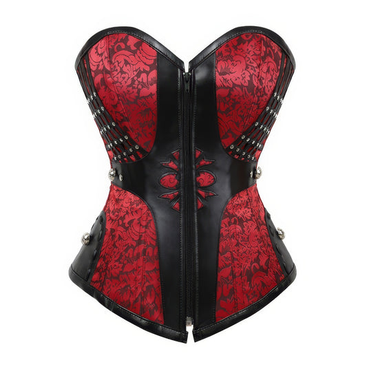Red Faux Leather Studded Brocade Corset