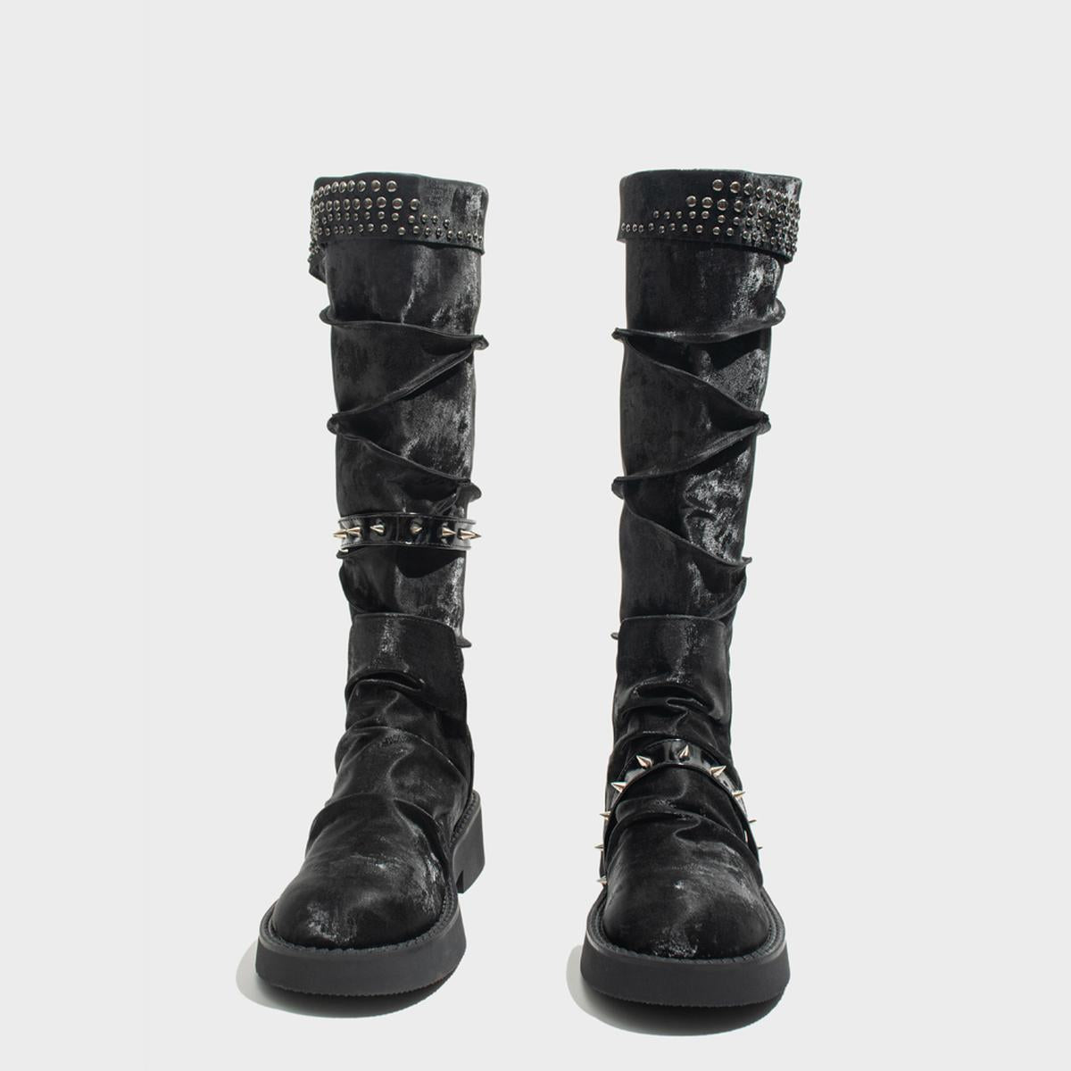 Black Velvet Studded Knee-High Boots