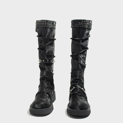 Black Velvet Studded Knee-High Boots