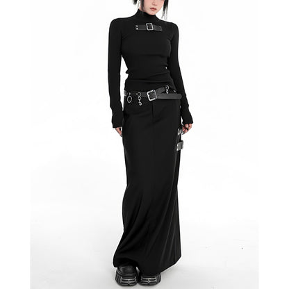 Buckle Strap Side Slit Maxi Skirt