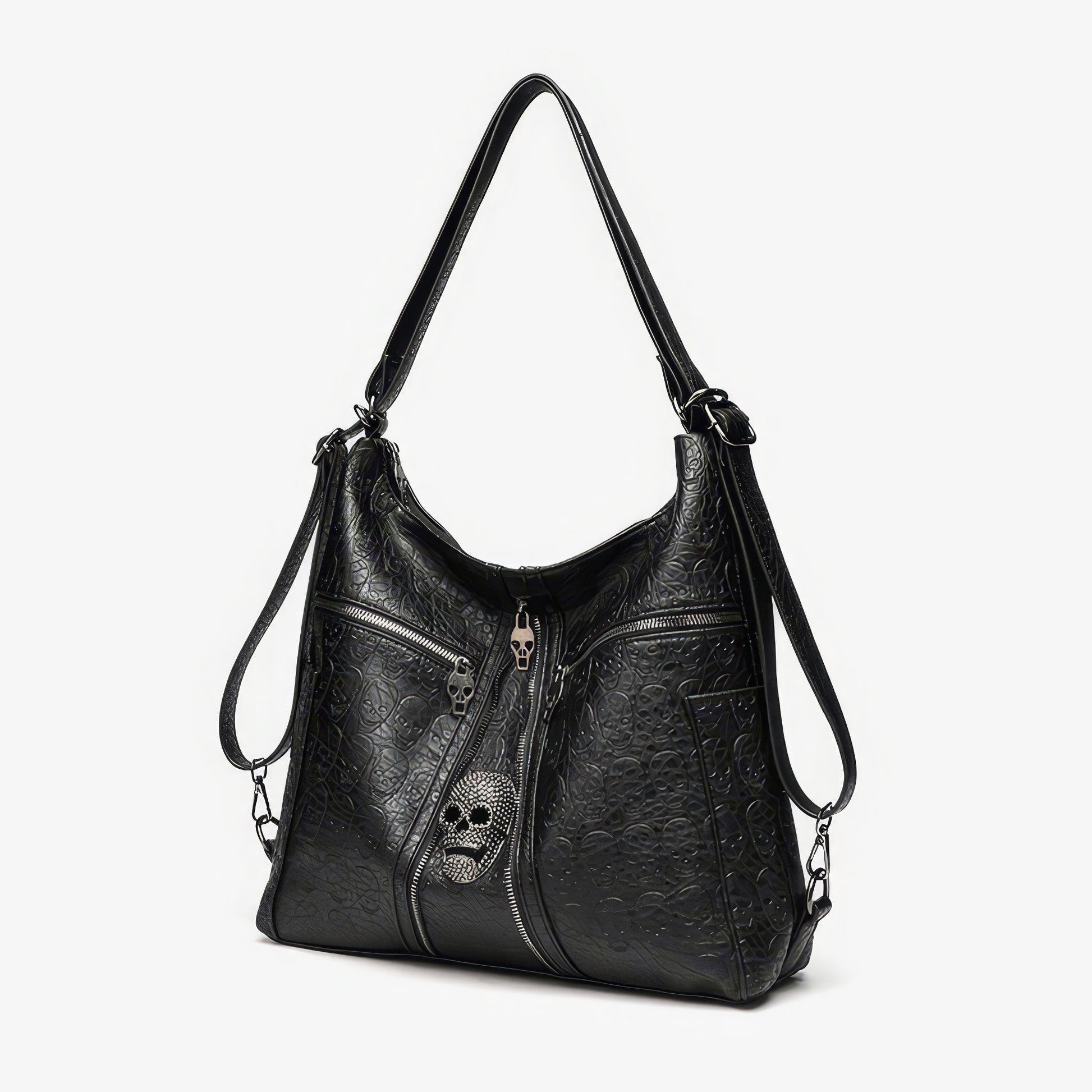 Skull Embossed Zip Detail Hobo Bag
