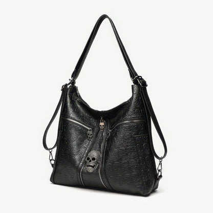 Skull Embossed Zip Detail Hobo Bag