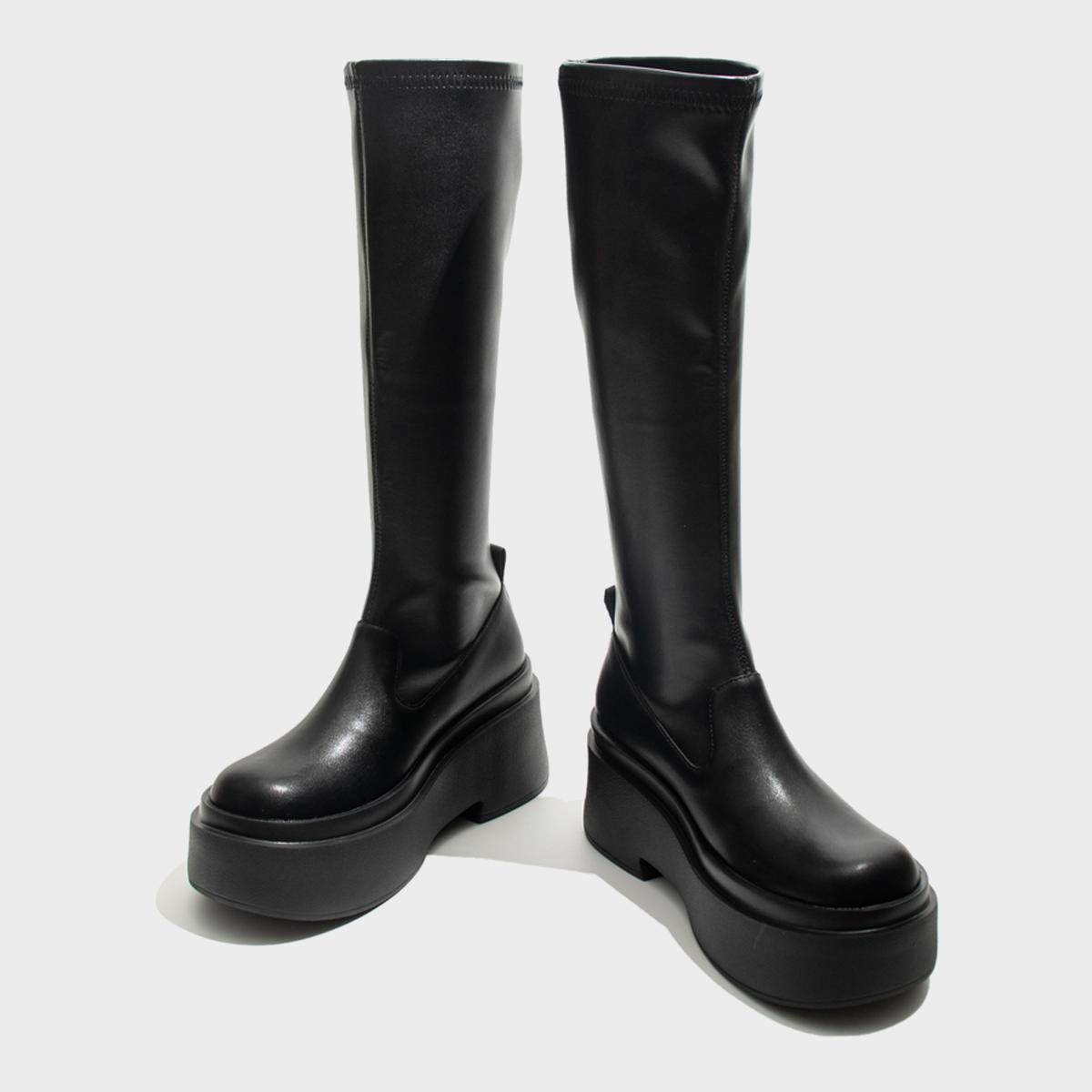 Black Stretch Platform Knee Boots