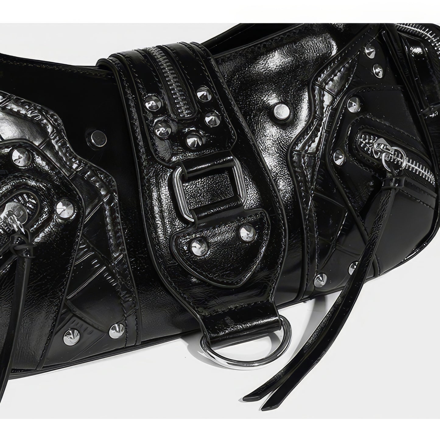 Glossy Buckle Pocket Baguette Bag