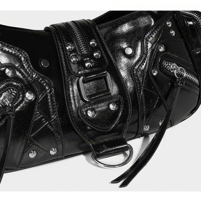 Glossy Buckle Pocket Baguette Bag