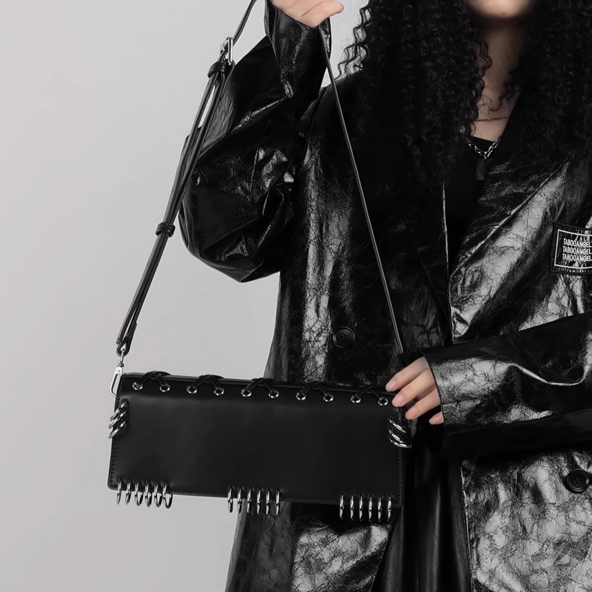 Metal Ring Lace-Up Faux Leather Bag