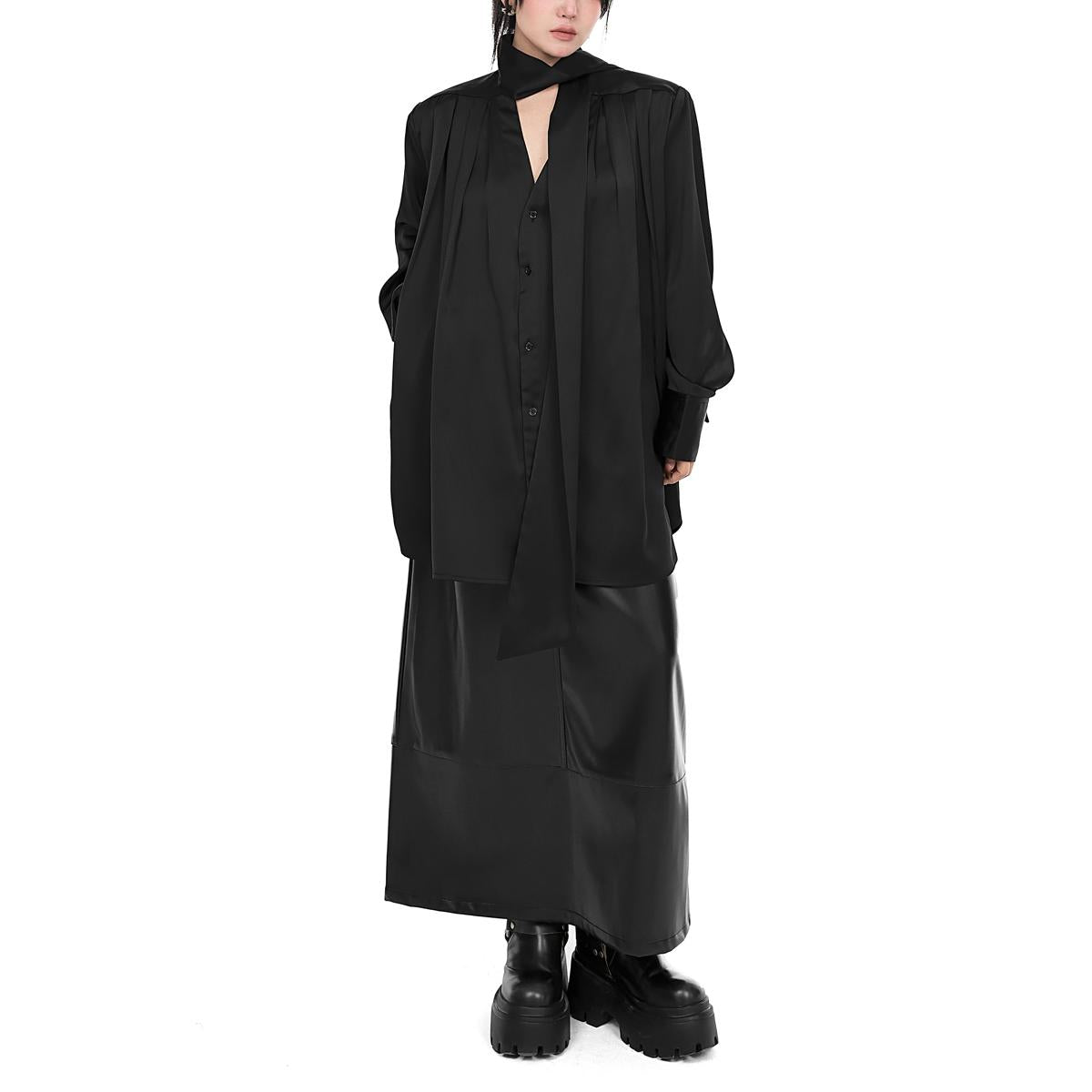 Satin Pleated Tie Neck Shirt Dress