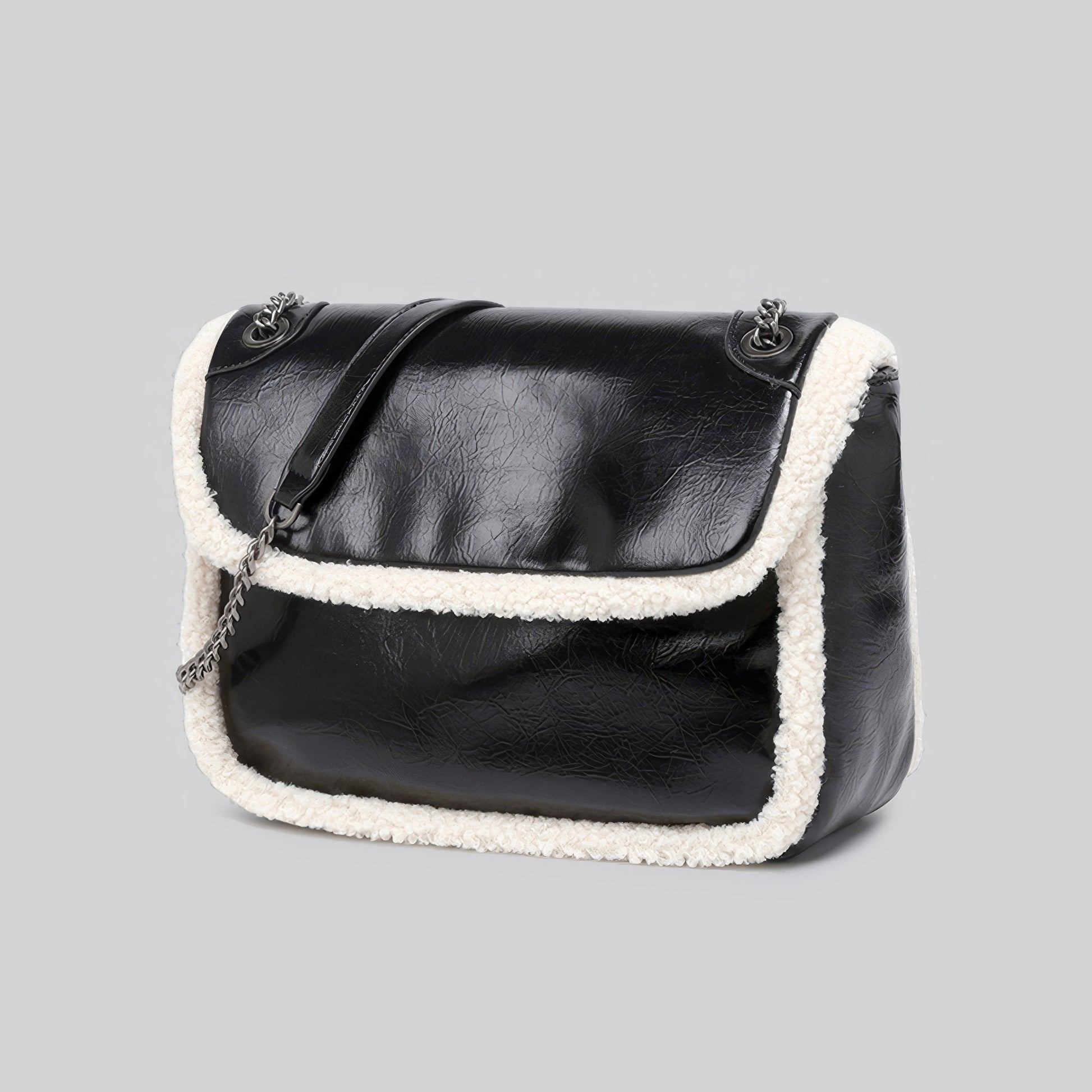 Faux Leather Shearling Trim Chain Bag Set