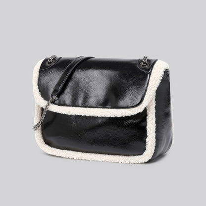 Faux Leather Shearling Trim Chain Bag Set