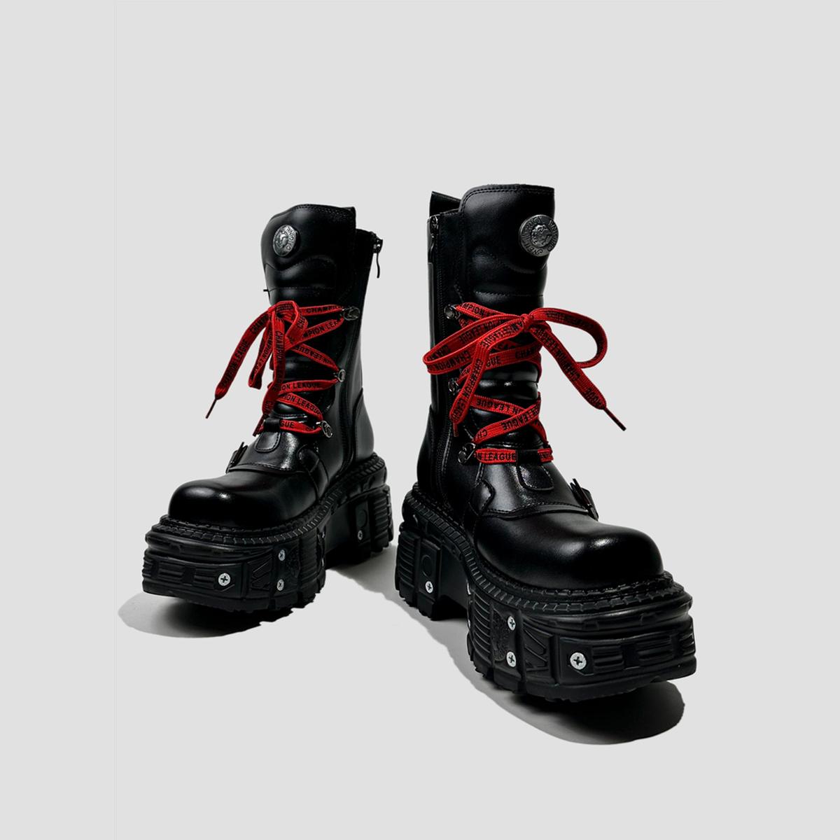 Black Buckle Strap Platform Combat Boots with Red Laces