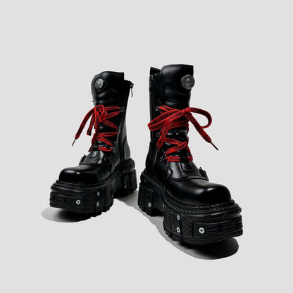 Black Buckle Strap Platform Combat Boots with Red Laces