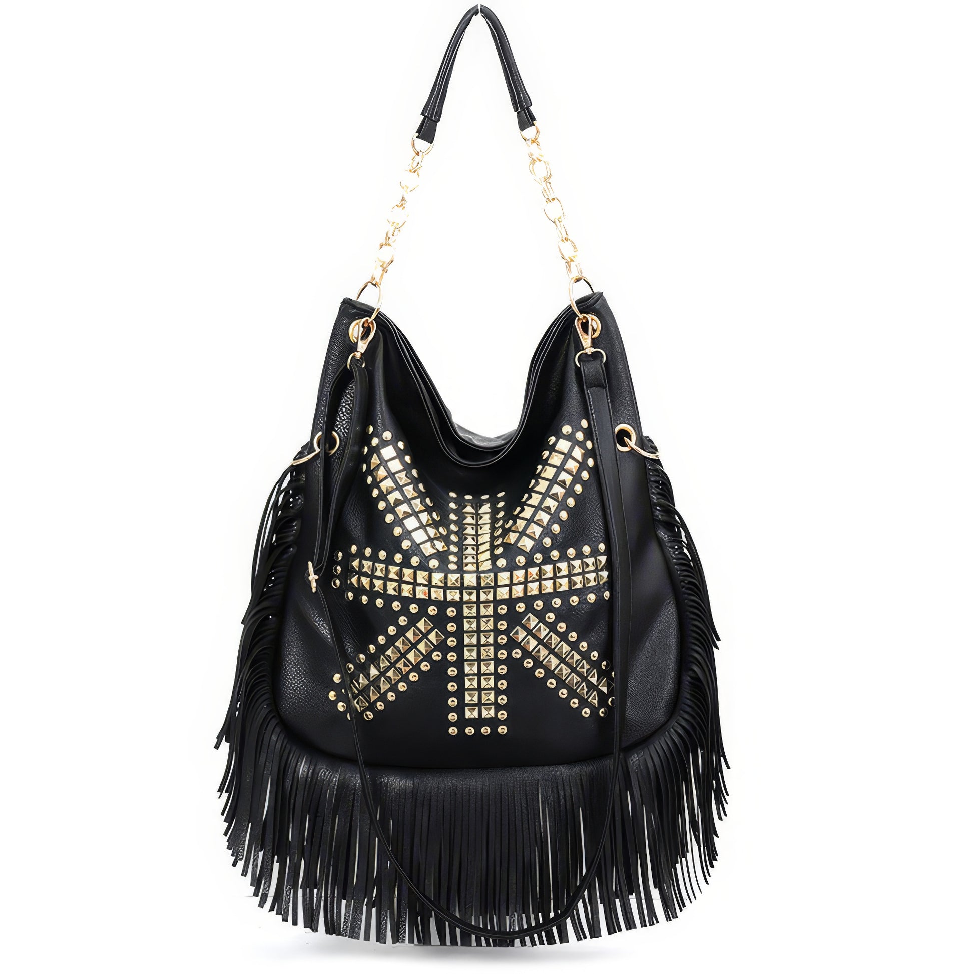 Fringe Studded Black Hobo Shoulder Bag