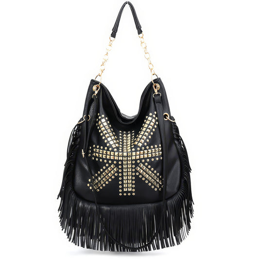 Fringe Studded Black Hobo Shoulder Bag