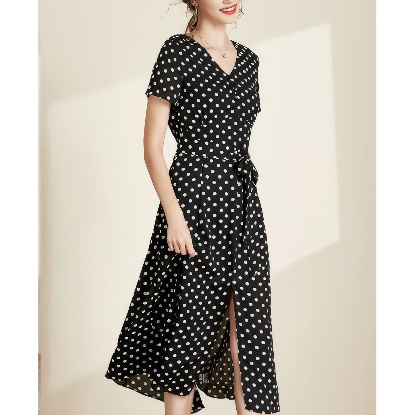 Polka Dot V-Neck Tie Waist Midi Dress